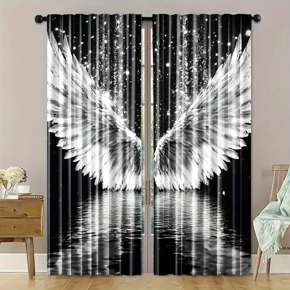 2pcs Elegant Black Curtains with Angel Wings and Stars Design – Perfect for Living Room Study and Office