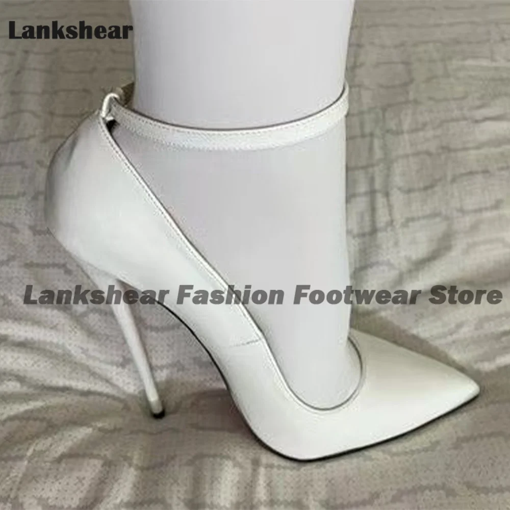 

White Leather Ankle Buckle Pumps Pointy Toe Stiletto Heels Stylish Women Sexy Pumps Ladies Shoes 2024 Zapatos Para Mujere