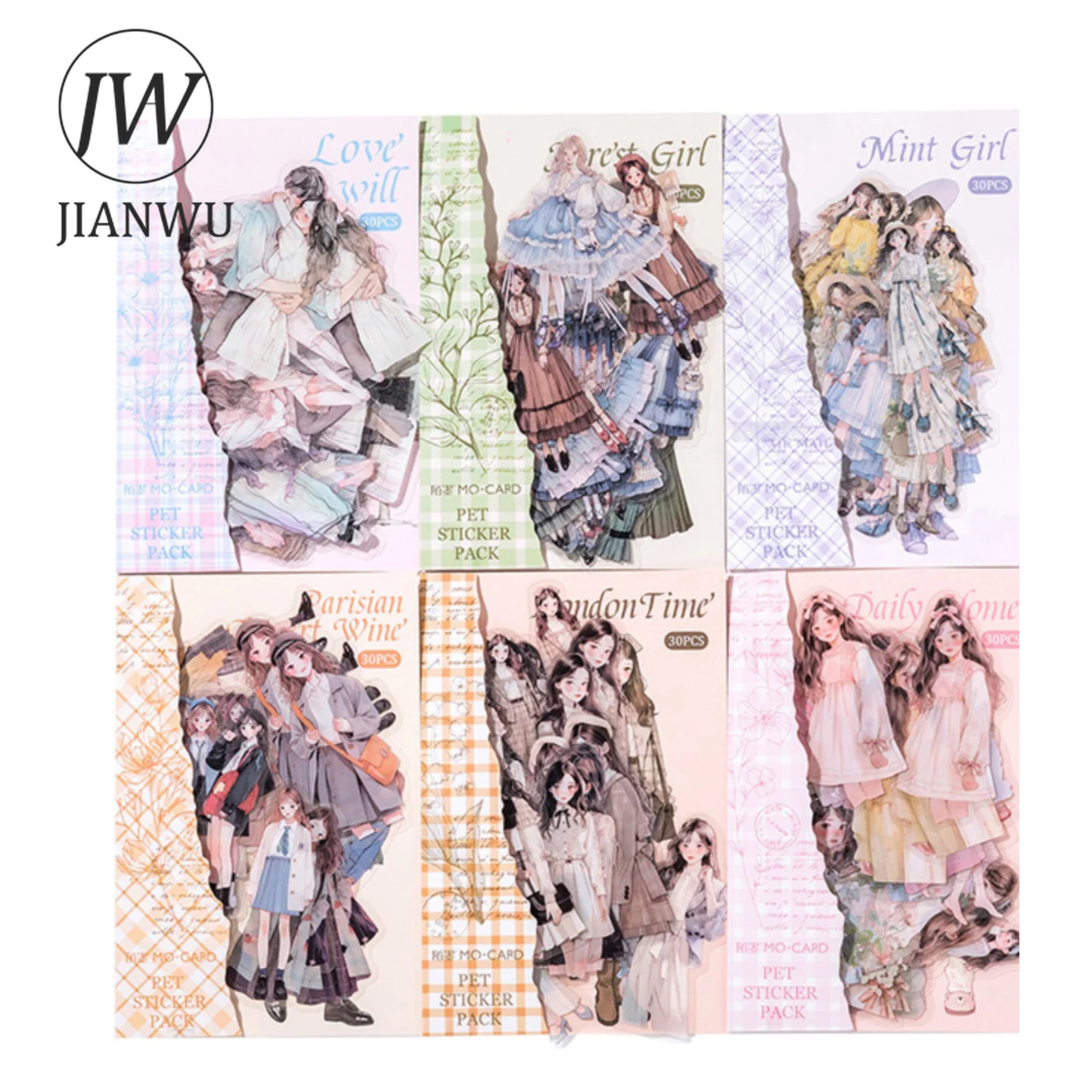 JIANWU 30 Sheets Life Tidbits Series Literary Girl Character Material Decor PET Sticker Creative DIY Journal Collage Stationery