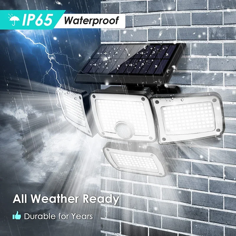 3000LM 270° Wide Angle 4 Heads LED Flood Lights IP65 Waterproof Wall Lights, Solar Panel Remote Control Solar Lights for Outdoor