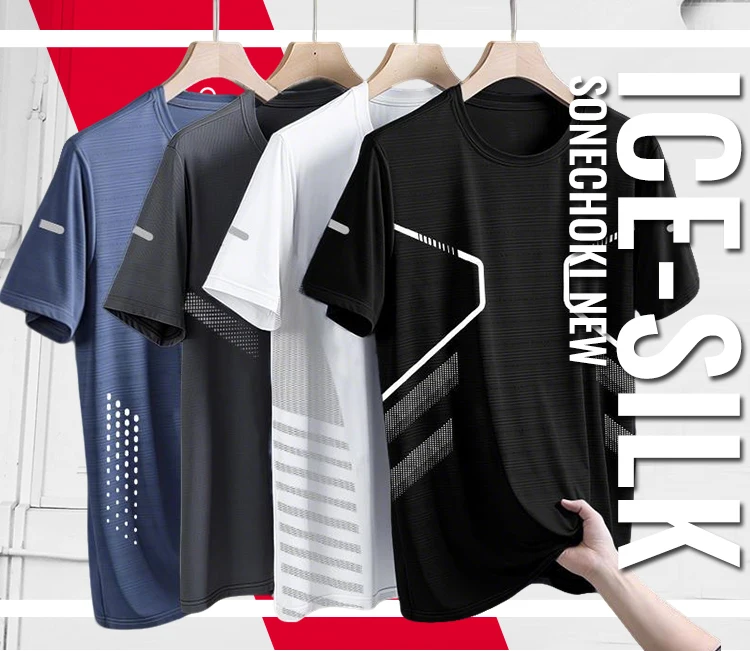 Neue Ice Silk Laufshirts für Herren, lockeres Kurzarm-Oberteil, Basketball-Gym-Sportbekleidung für Männer, Fitness-Workout, atmungsaktives Mesh-T-Shirt – Detail 2