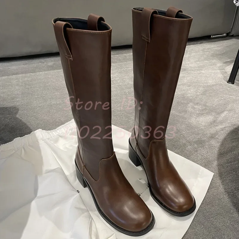 Brown Square Heel Knee-high Boots Round Toe Leather Slip-on  Knight Boots 2024 Women Autumn Outdoor Street Style Modern Shoes