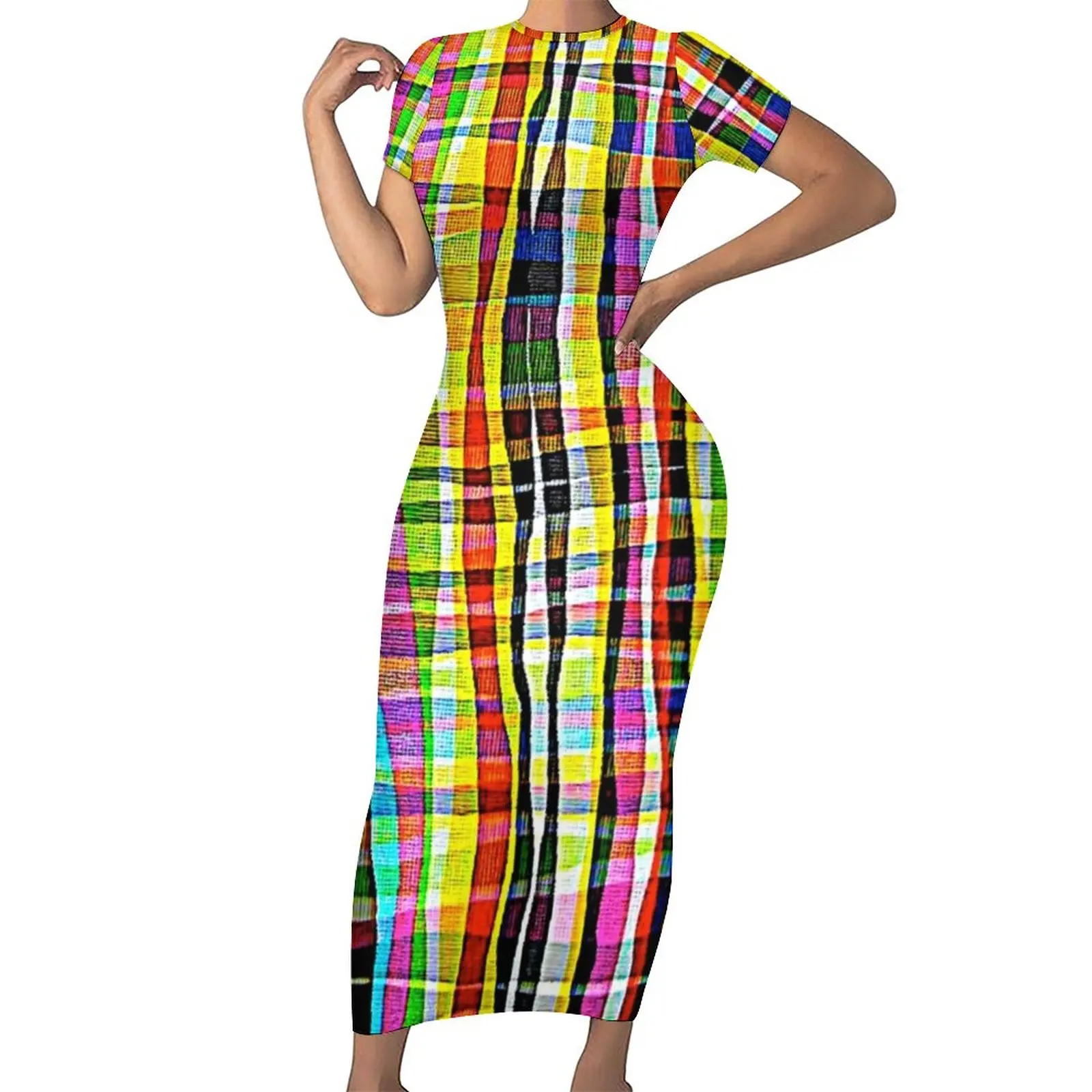 

Abstract Geometric Dress Colorful Madras Print Street Style Bodycon Dress Holiday Sexy Maxi Dresses Custom Oversize Vestidos