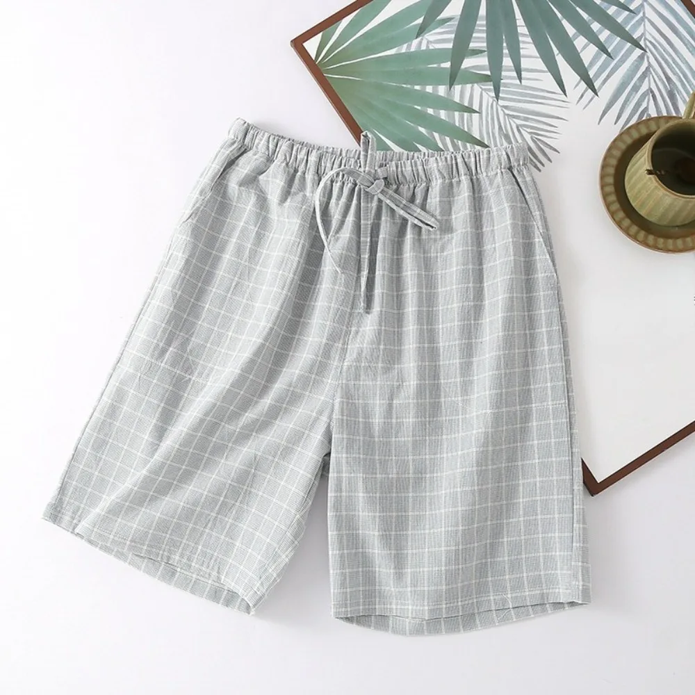 Celana Piyama Tanpa Motif Kotak-kotak Katun Murni Celana Pendek Longgar Tipis Musim Panas Celana Rumah Ukuran Besar Pria