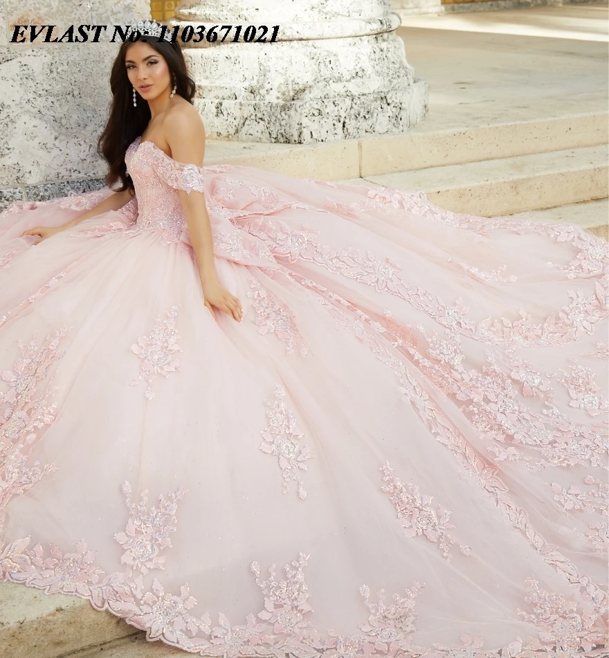 EVLAST Mexican Pink Quinceanera Dress Ball Gown Sequins Lace Applique Beading With Bow Tiered Corset Vestidos De XV Anos SQ316