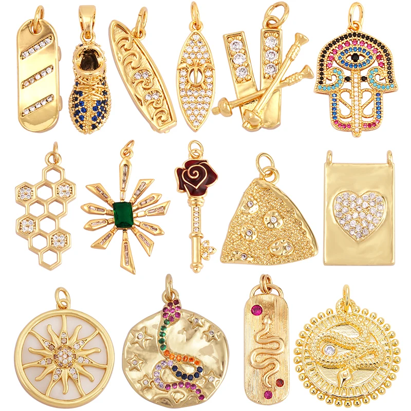 

Sports Sneakers Skis Surfboard Key Flower Cubic Zirconia CZ Paved Charm,18K Real Gold Plated Colour , Jewelry Supplies L87 M26