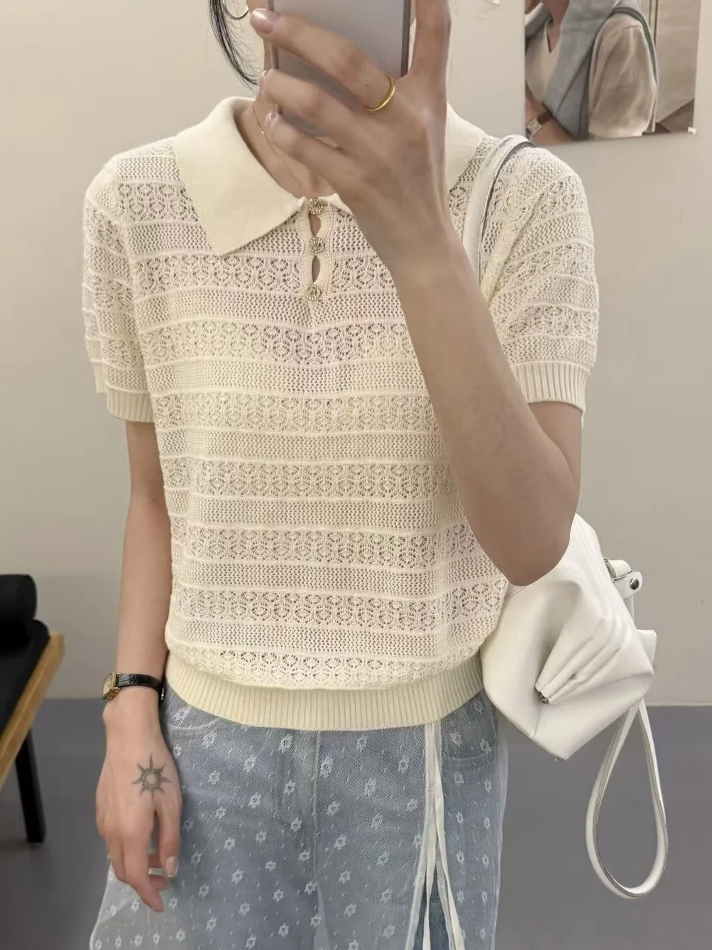 Sweet Style Blue Knitted Short Sleeve T-Shirt Turn-down Collar Versatile Top for Small Figures Commute Fashion Regular Fit