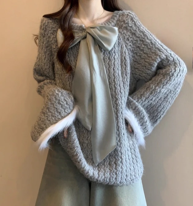 Picture 6: Women Autumn Winter Large Size V-neck Sweet Bow Sweater Fashione Red Medium Long Versatile Age-reducing Christmas Knitted Top