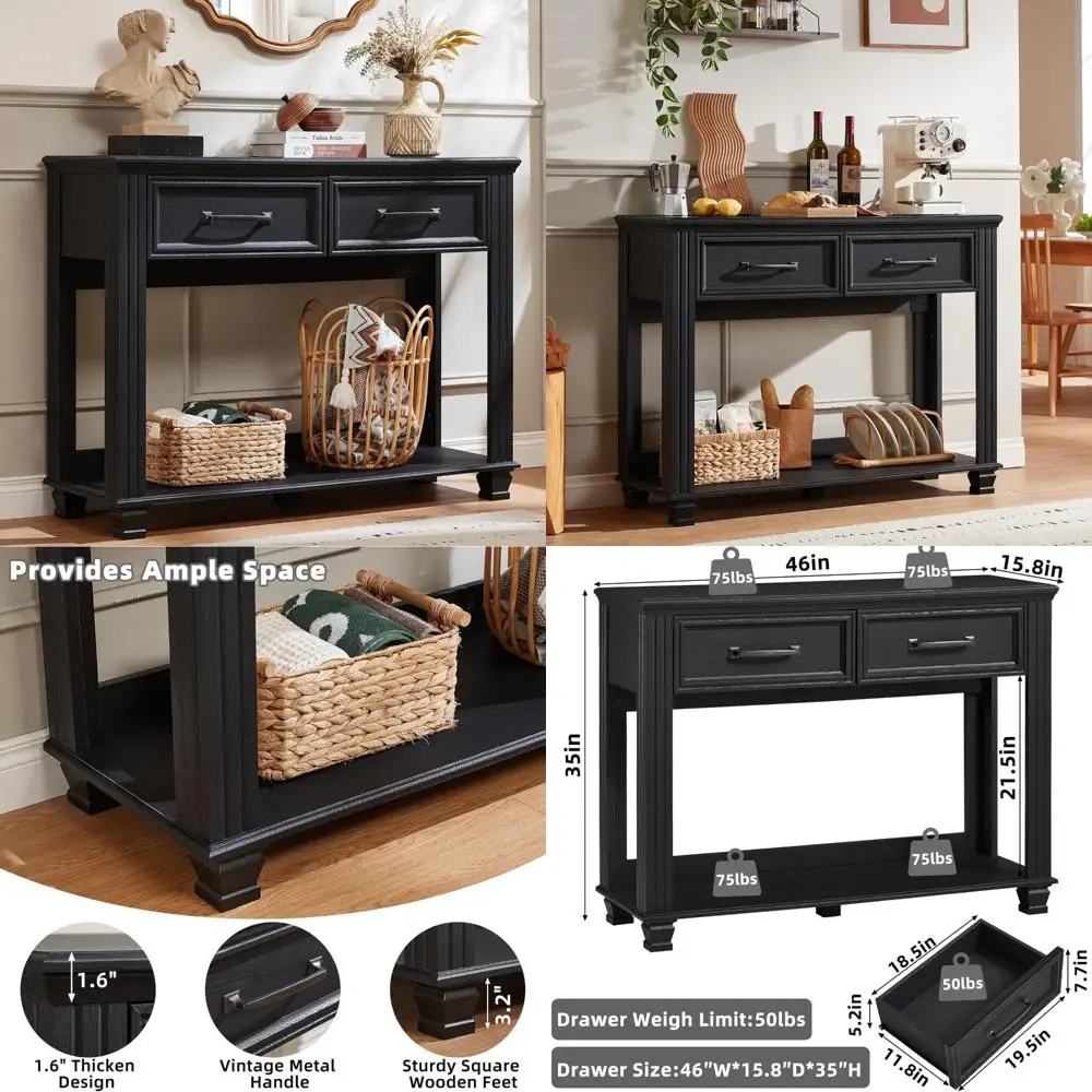 Rustic Two-Drawer Console Table with Open Shelf, Large Mid-Century Entryway Storage Furniture