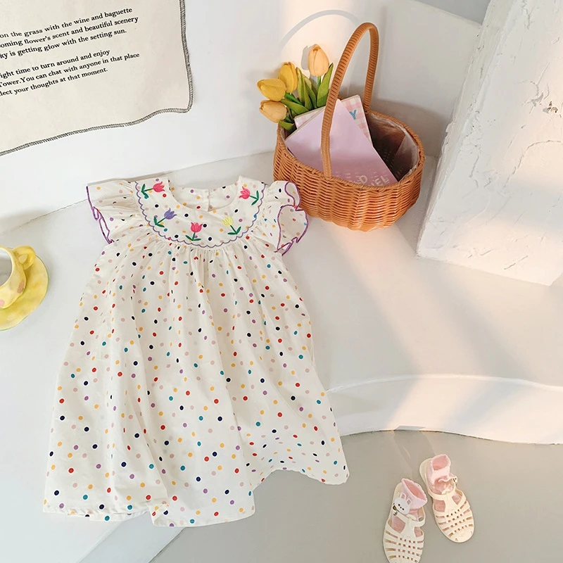 2-8Y Summer Flower Girls Dress Baby Girls Flying Sleeve Princess Dress Elegant Fashionable Cute Sweet Short Sleeve Casual Dress