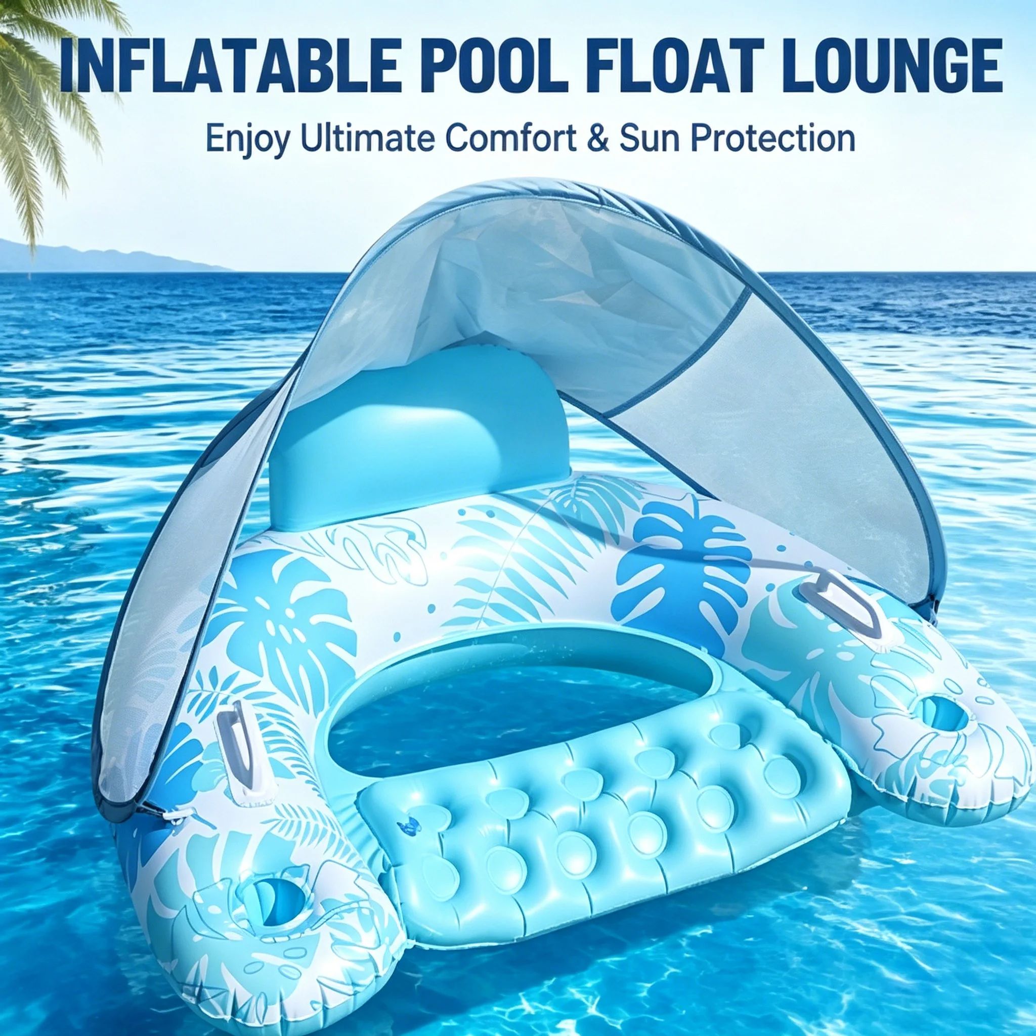 Inflatable Pool Float Lounge with Sun Canopy U-Shaped Water Floating Recliner Chair with Cup Holders  Raft for Pool Beach