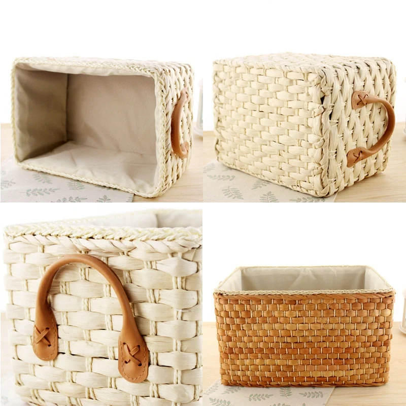 AT13 Manual Woven Storage Basket Handmade Laundry Wicker Baskets Sundries Organizer Clothes Toys Container Decoration -White