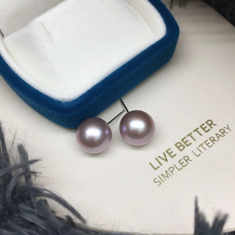 12-13mm Natural Purple Freshwater Pearl Earrings, Basic Style Perfect Round Flawless Luster, S925 Silver Pearl Studs Gift