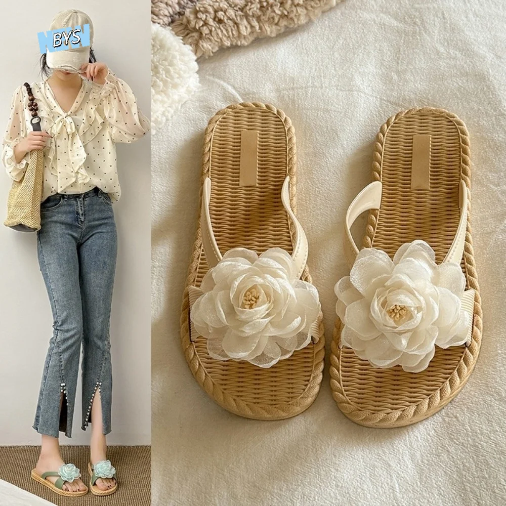 

Casual Holiday Gauze Flower Slippers Non-Slip Flat Seaside Sandals Shoes Waterproof Vacation Beach Slippers Girls