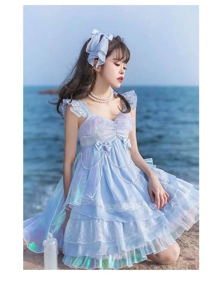 Novo verão japonês harajuku arco splicing azul jsk vestido quente menina moda lolita temperamento kawaii doce v-neck vestido