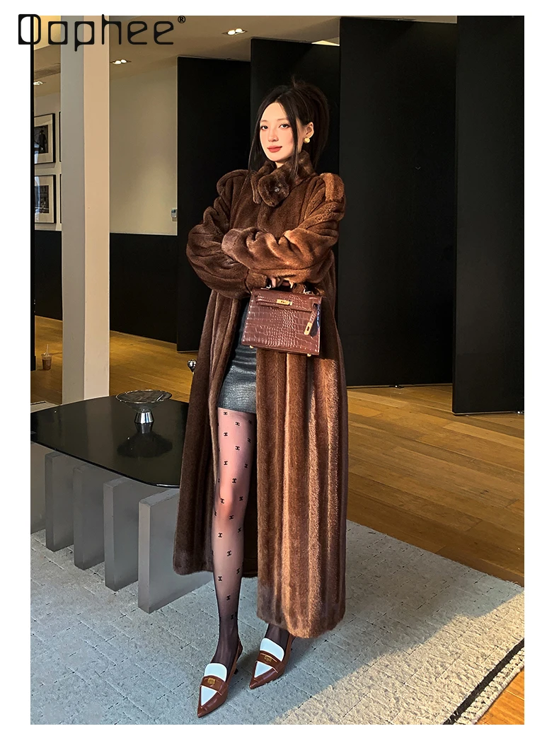 Vintage high-end nerts silhouet riem slim fit milieuvriendelijke bontjas dames lichte luxe socialite pluche bontjas halflange lengte