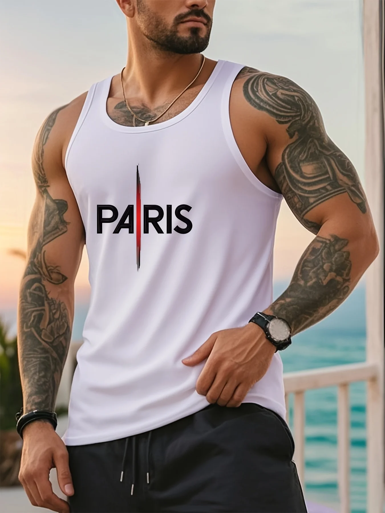 

Men's fitted sleeveless t-shirt - Paris pattern print, breathable summer casual shirt