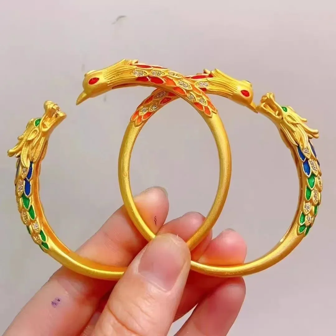 

Gold 24k Blue Dragon and Phoenix Auspicious Palace Style Real Gold 999 Bracelet AU999 Enamel Dragon and Phoenix Auspicious Open