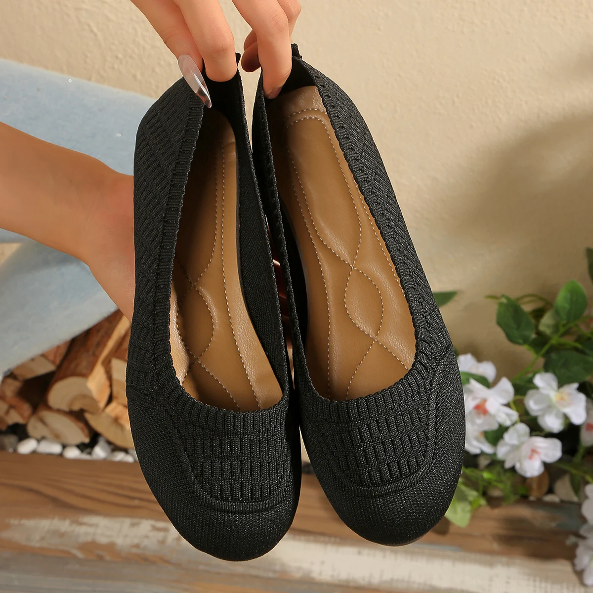 

New Fashion Women Round Toe Flat Shoe Solid Color Knitted Slip on Shoes Casual Breathable Ballet Flats Women Flat Shoes Loafers