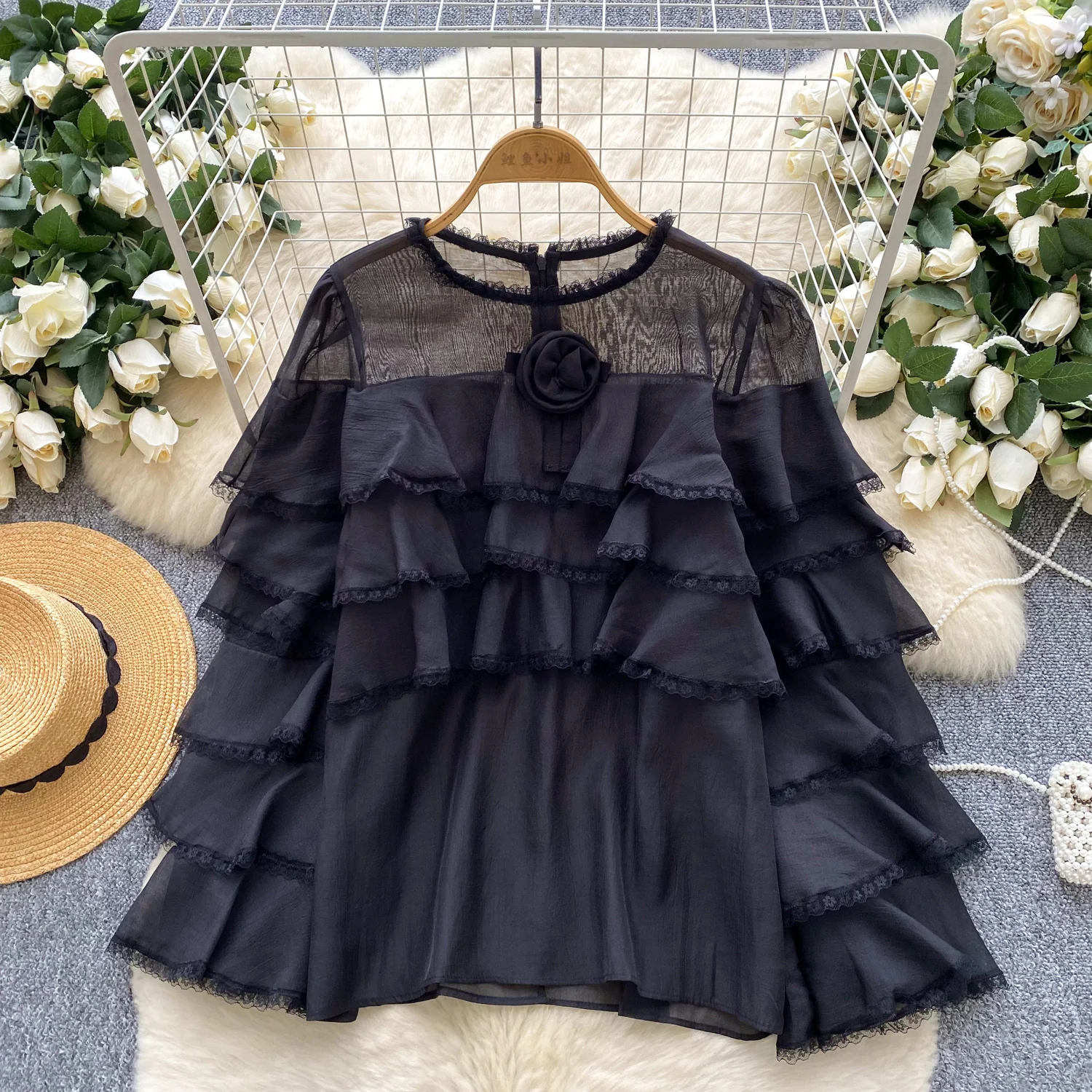 Camicetta vintage con volant O-Collo manica lunga Elegante moda donna hotsweet Camicia abbigliamento donna