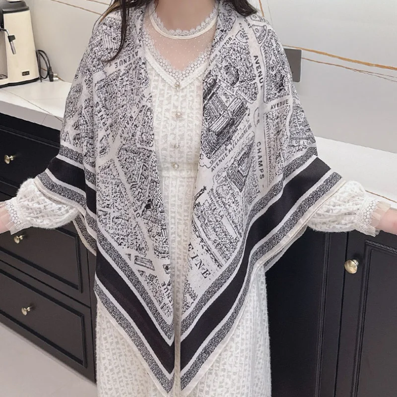 

Геометрический городской миниатюрный шарф ручной работы с бахромой, высококачественный, 130x130 см, теплый, плотный, осенний, для женщин