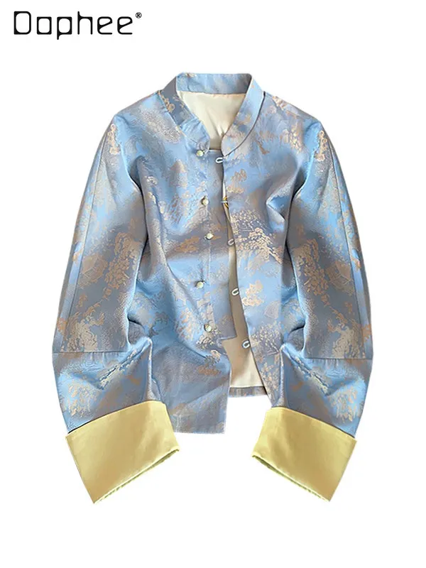 

New Chinese Style Acetic Acid Satin Jacquard Button Coat Women's 2026 Autumn New Elegant Temperament Celebrity Stand-up Coat