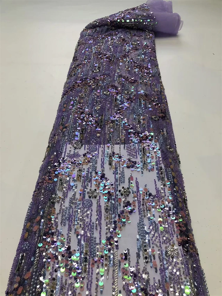 ドレス縫製用のハイエンドのヘビービーズ生地、最新のアフリカの高級品、フレンチスパンコール、新郎刺繍、5ヤード、2025