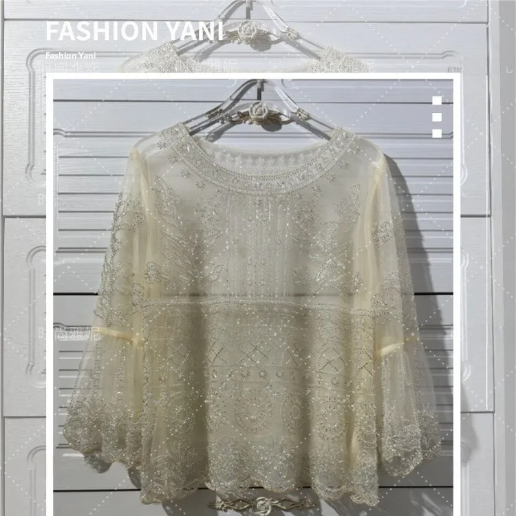 

Модный топ с длинными рукавами-колокол с бисером и изогнутым подолом, легкий, роскошный, с блестками, для работы, в стиле Yan Ni