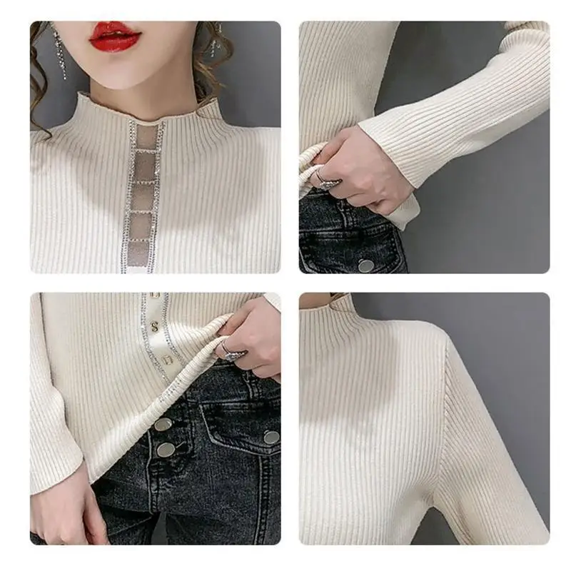 Autumn Winter Women\'s Letter Embroidery Pullover Long Sleeve Half High Collar Rhinestone Screw Thread Sweater Knitted Tops