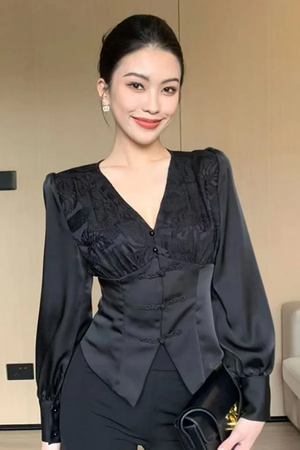 

​​2025 New Minimalist Noir V Neck Blouse Women Architectural Cut Long Sleeve Vintage Inspired Tailored Chic Shirt​​