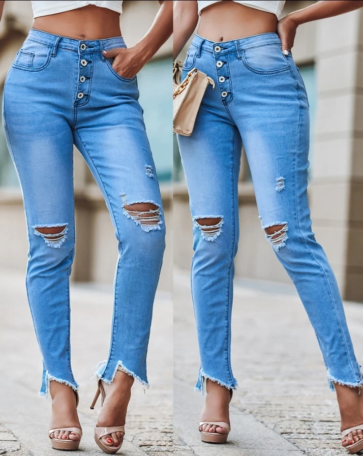 

Patchwork Destroyed Hem Jeans for Women 2024 Spring Summer Buttoned Pocket Design Ripped Cutout High Waist Denim Pants