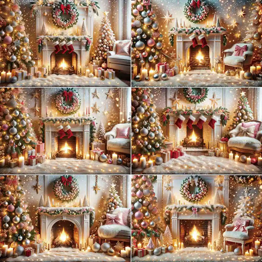 

MOON.QG 2025 Christmas Trees Balls Wreath Photography Backdrop Gold Living Room Fireplace Background New Year Shooting Back Drop