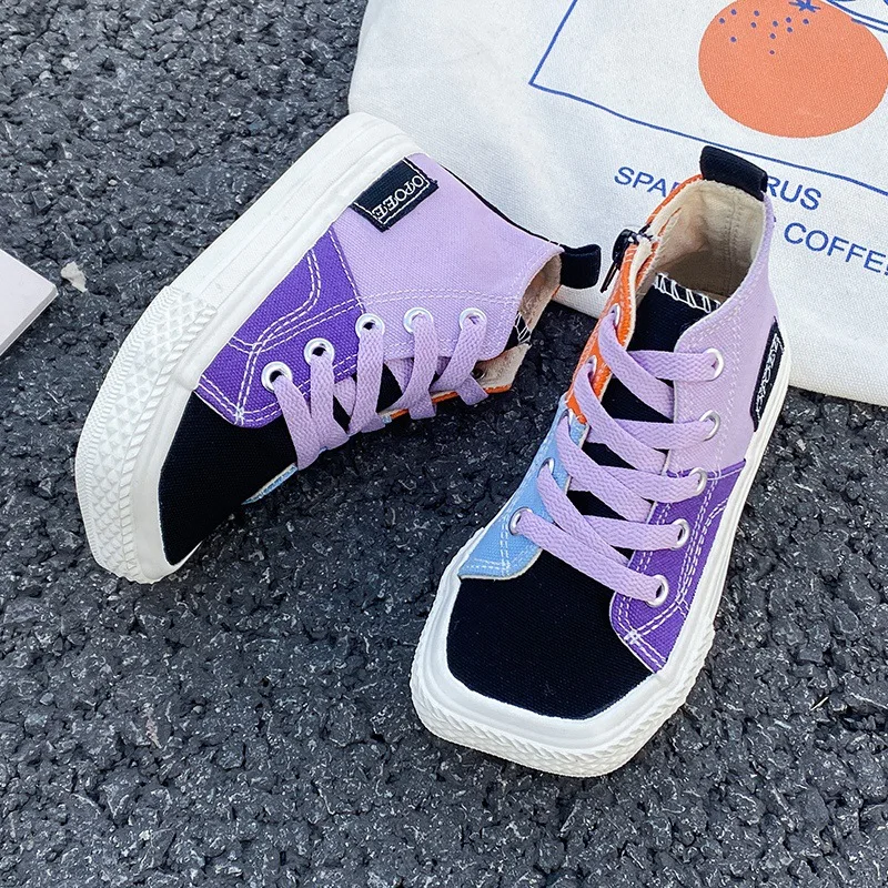 2023 New Fashion Patchwork Canvas Shoes for Boys Girls High Top Square Toe Kids Casual Shoes Toddler Non-slip Sneakers Chaussure