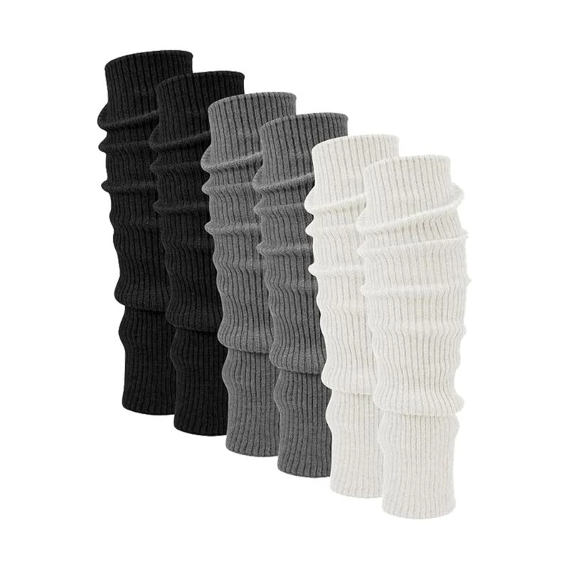 3 Pairs Stripes Leg Warmer Knit Cotton Stretchy Socks Cover with Ribbed Design