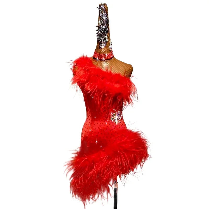 Vestido de baile latino profesional de plumas rojas para mujer, traje de Samba con flecos de diamantes de imitación, vestidos de competición de salón de Salsa Tango