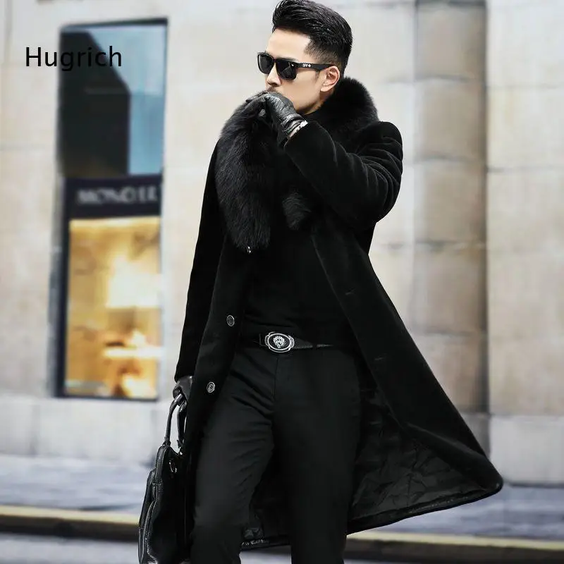 Men's Long Faux Fur Coat with Plush Collar, Warm Winter Overcoat, Elegant Black Outerwear for Cold Weather, Stylish Business