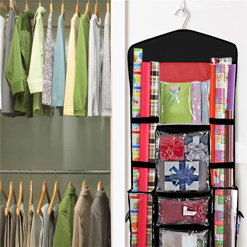 37x16 In Hanging Christmas Gift Bag Organizer with Multiple Pockets Hanging Christmas Gift Wrapping Paper Storage Gift Organizer