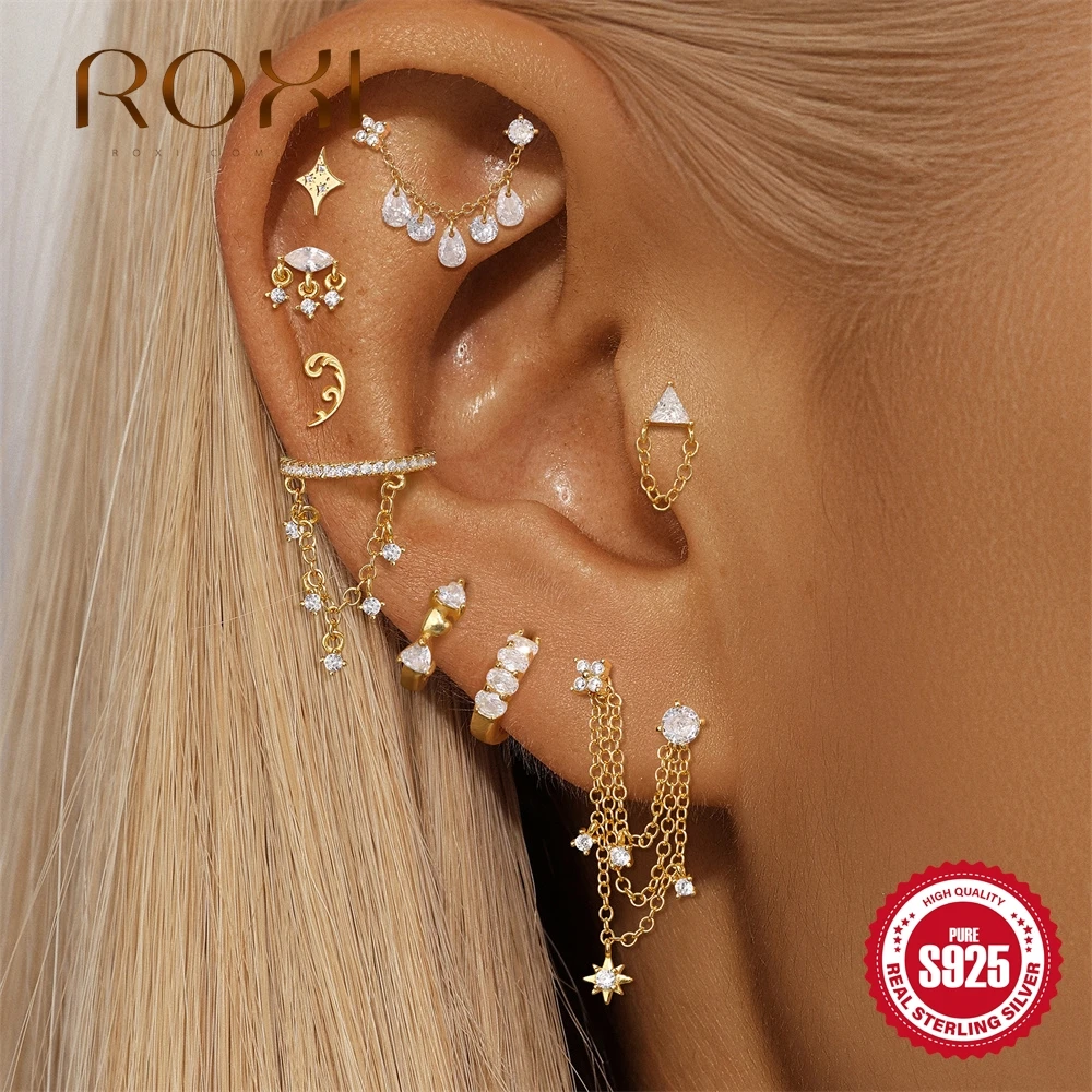 

ROXI 1Pc 925 Sterling Silver Star/Flower WaterDrop Chain Tassel For Women Ins Dainty Flat Head Puncture Ear Bone Nail