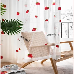 Cartoon Cute Sweet Fruit Strawberry Embroidered Tulle Curtains For Kids Room Transparent Sheer Bedroom Drapes Home Decoration