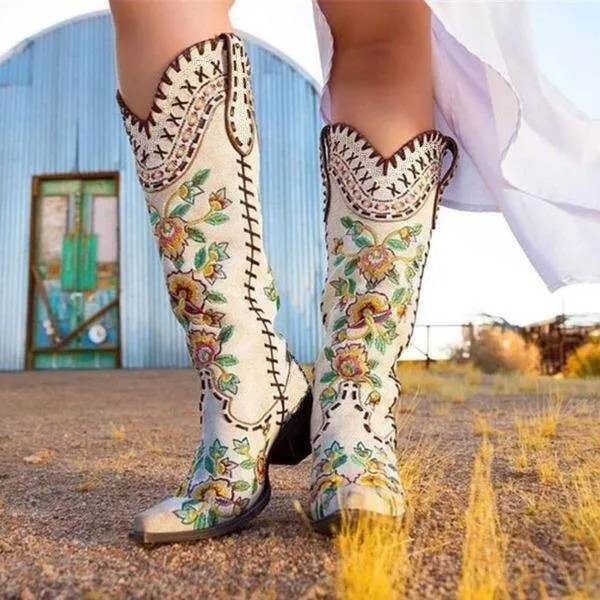 Vintage Flower Rivet Knee-High Boots Embroidered Thick Heels Pointed Long Botines Soft Leather Slip-On Women's Botas Femininas