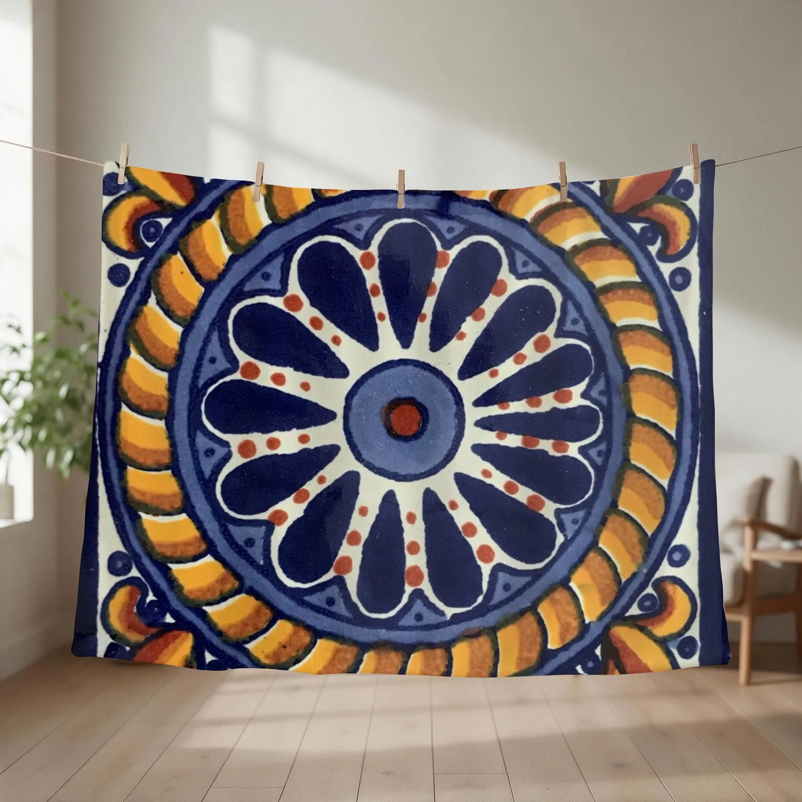Blue and Gold Talavera - Rustic Mexican Tile Mandala Throw Blanket warm winter christmas decoration Camping Flannel Blankets