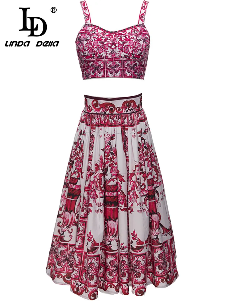 LD LINDA DELLA 2023 Summer Sexy Vintage Burgundy Print Suspender + Pleated High-Waisted Skirt two-Piece Beach Resort Travel Set