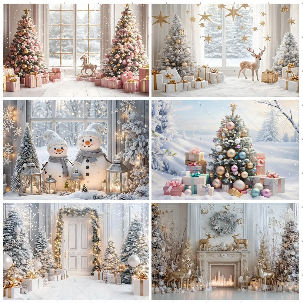 

White Christmas Snow Scenery Background Xmas Tree Garland Gifts Photography Backdrop Family Xmas Party Decoration Photo Studio