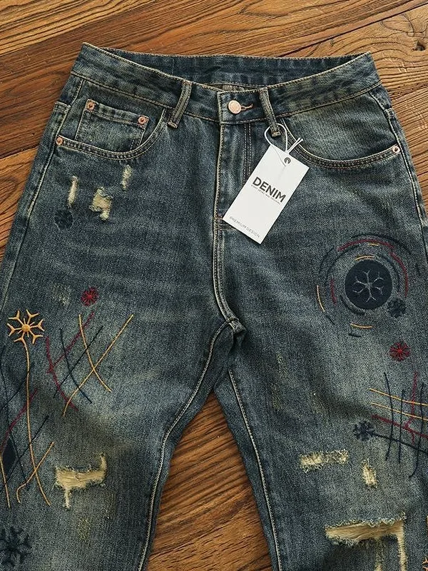 

Retro Hole Embroidered Jeans Straight Leg Harlan Pants Men's Loose Fit Casual Faionable Youthful Autumn Season Jeans