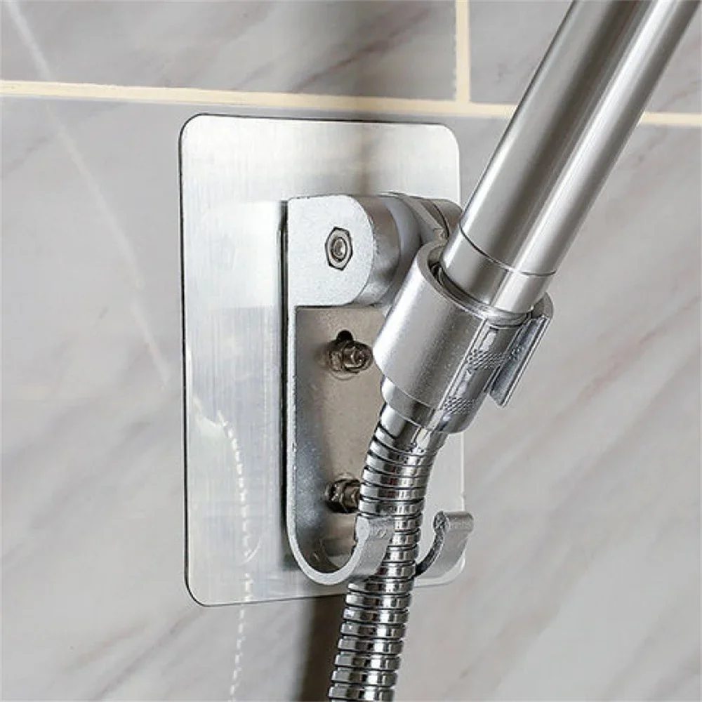 Bathroom Aluminium Shower Head Holder with 2 Hook Dual Install Self-Adhisive Rustproof Adjustable No Drill Shower Holder