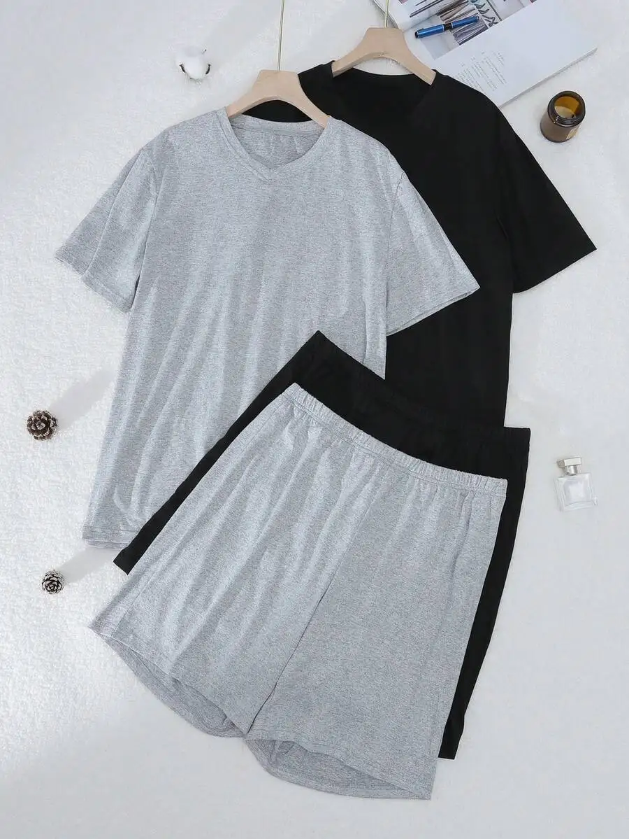 

Men Solid Color V-Neck Short Sleeve Pajama Set With Shorts