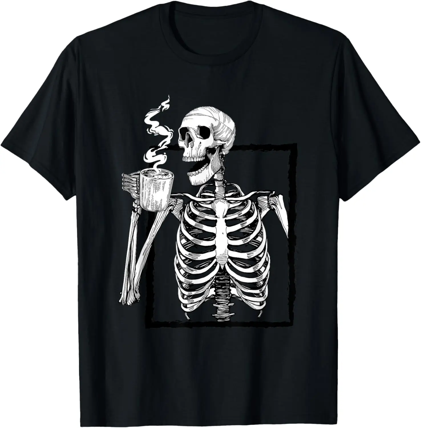 Skeleton Drinking Coffee Lover Funny Halloween Skull T-Shirt 100% Cotton Trendy Y2K Short-Sleeve Tee – Soft, Quick-Drying, &