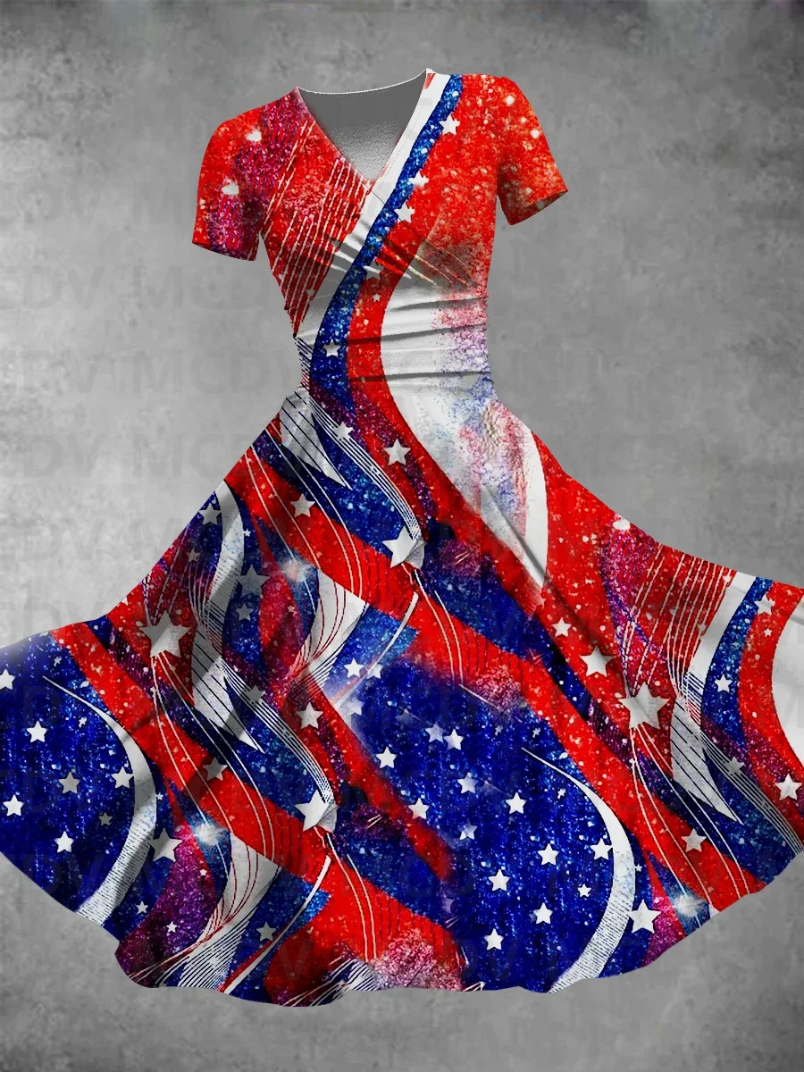 Vestido largo con estampado artístico para mujer, diseño de patrón del Día de la Independencia Americana