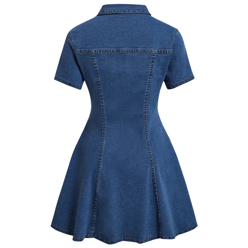 

Denim Short-sleeved Single-breasted Women's Waist Commuter Dress
