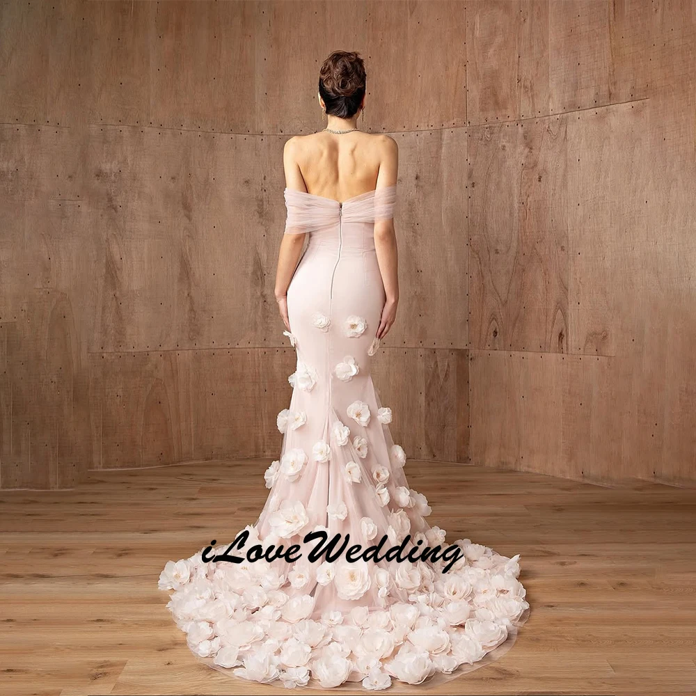 Maßgeschneiderte luxuriöse Damen-Abendkleider, schulterfrei, Meerjungfrau, romantisch, 3D-Blume, formelles Kleid, Reißverschluss, Rosa, Neueste 2026